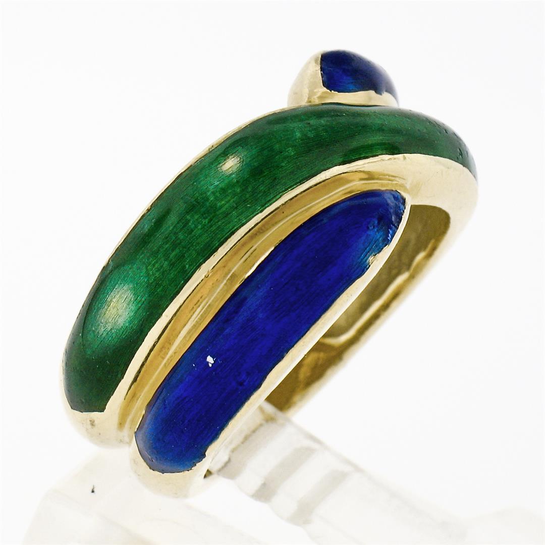 Vintage Solid 18K Yellow Gold Blue & Green Enamel Wide Intertwined Band Ring