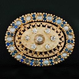 Vintage 14k Gold 2.4 ctw Diamond Sapphire Moonstone Oval Wreath Brooch Pendant