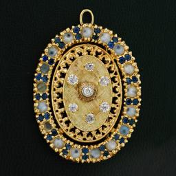 Vintage 14k Gold 2.4 ctw Diamond Sapphire Moonstone Oval Wreath Brooch Pendant