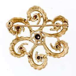 Vintage 14K Yellow Gold Cultured Pearl Detailed Textured Open Work Brooch Pin