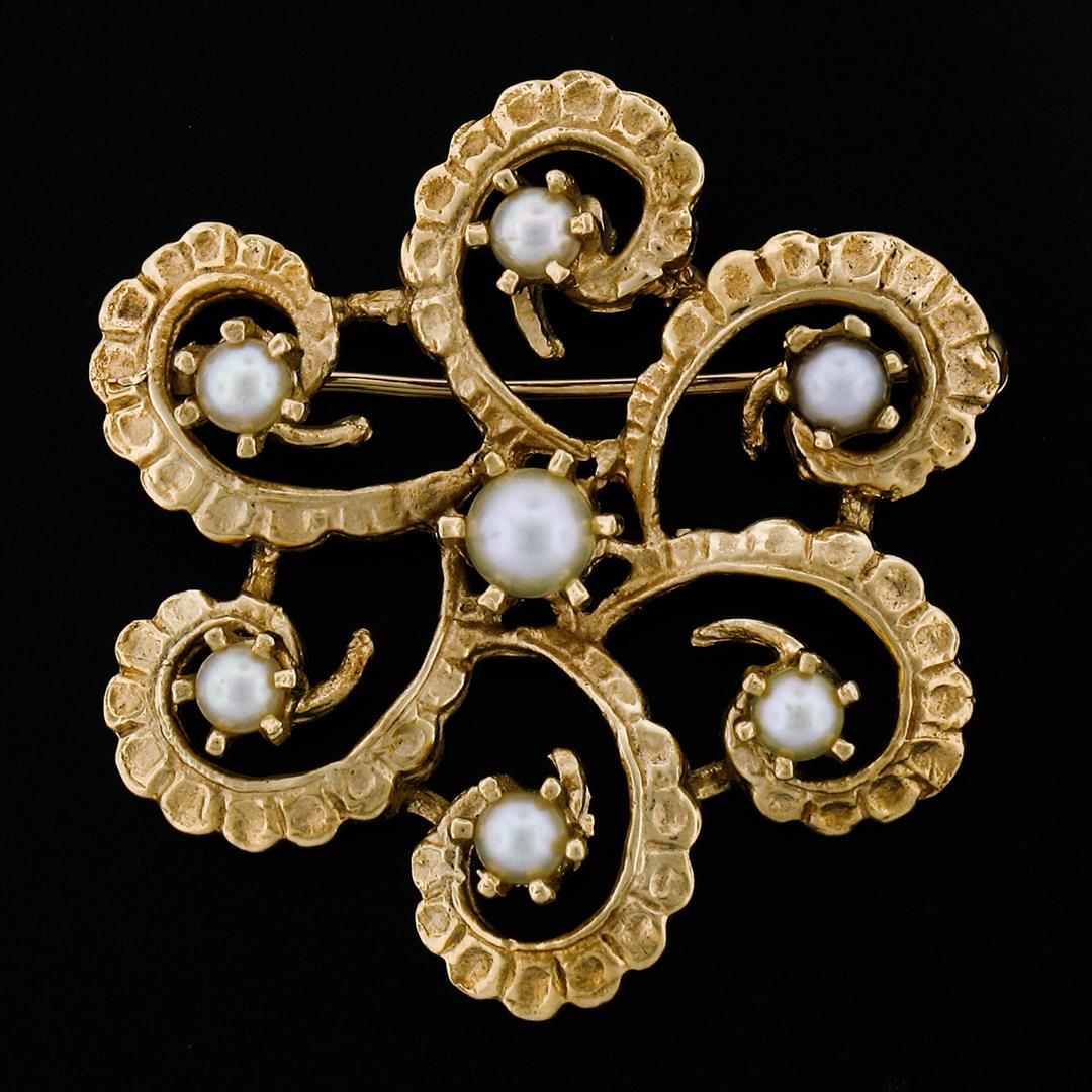 Vintage 14K Yellow Gold Cultured Pearl Detailed Textured Open Work Brooch Pin