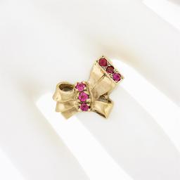 Vintage Retro 10k Yellow Gold Round Brilliant Red Stone Polished Bow Ribbon Ring