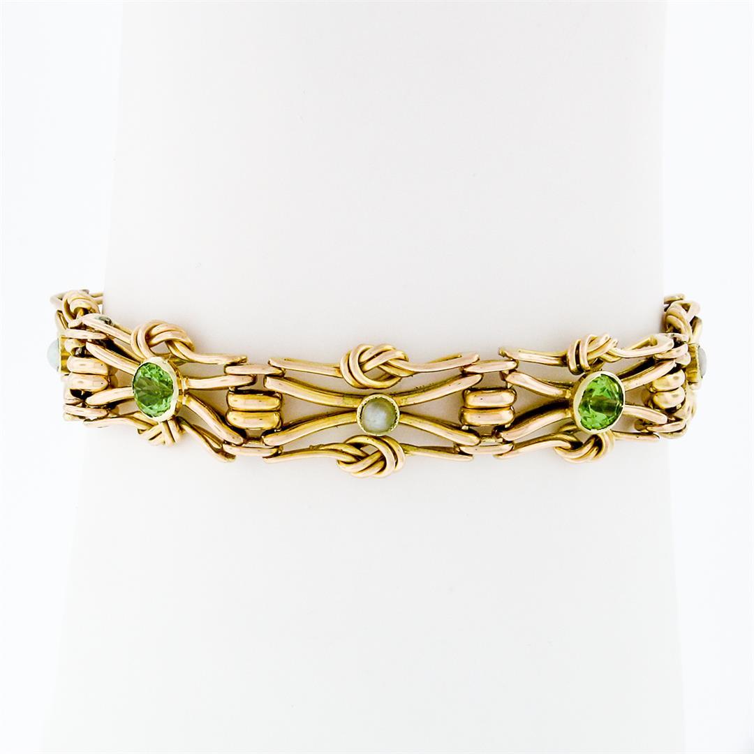 Antique Victorian 15k Gold Green Peridot & Pearl Love Knot Link Chain Bracelet