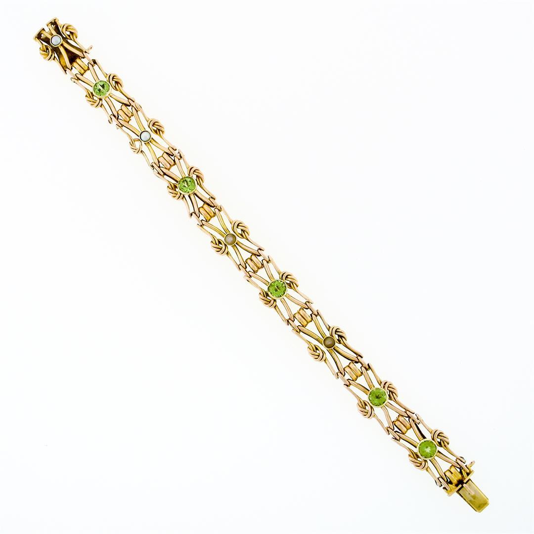 Antique Victorian 15k Gold Green Peridot & Pearl Love Knot Link Chain Bracelet