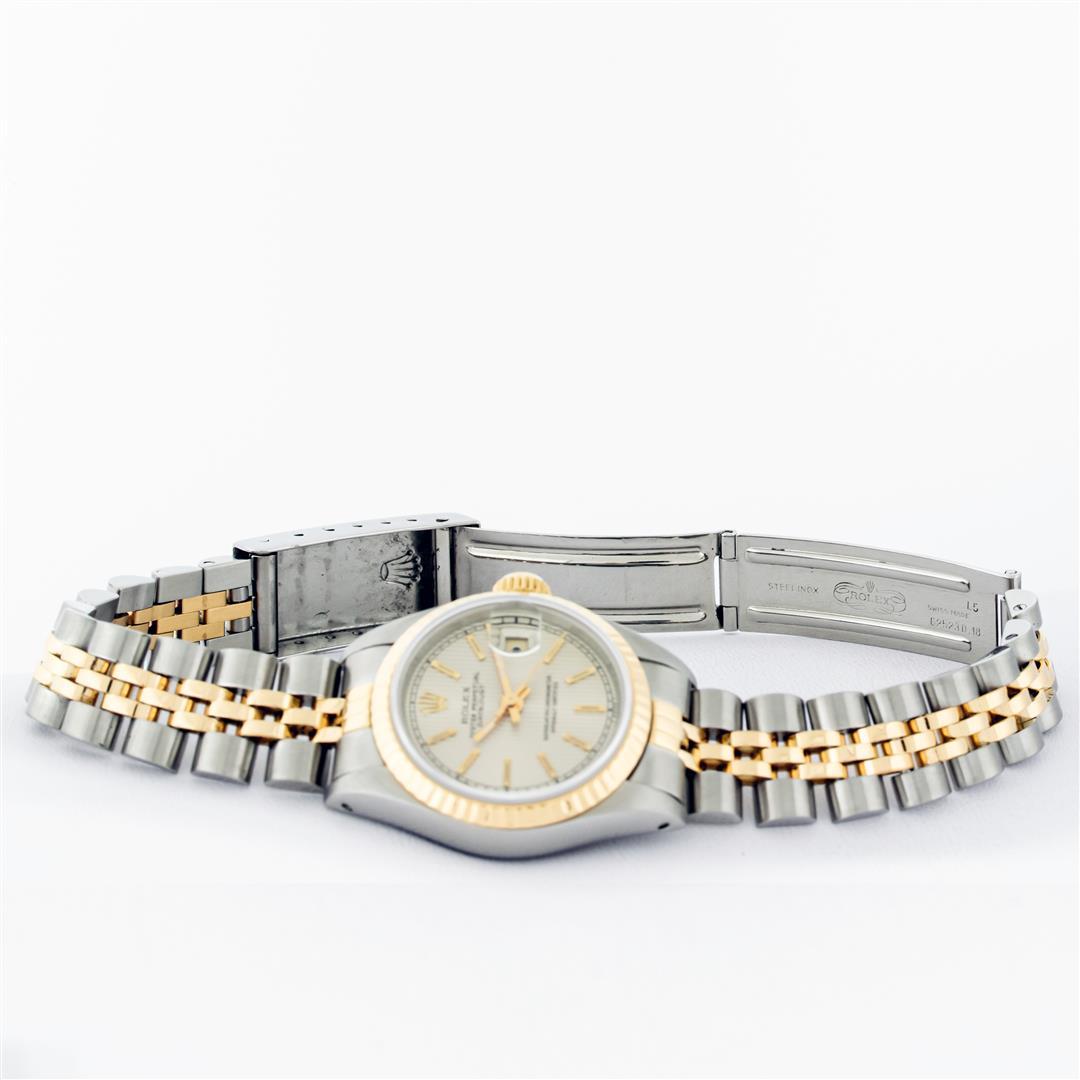 Rolex Ladies 2T Yellow Gold & Stainless Steel Silver Tapestry Dial Wristwatch 26