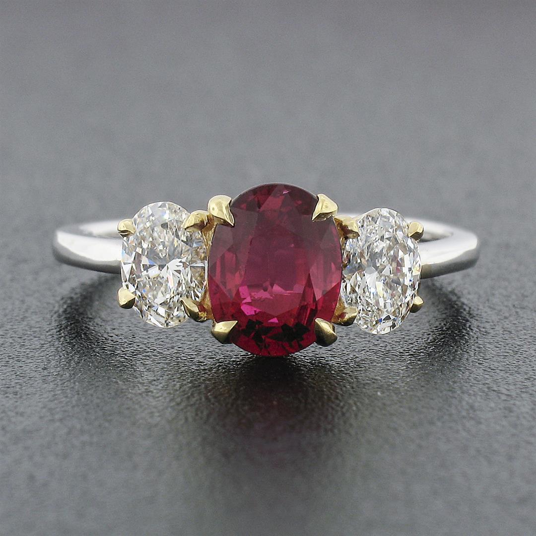 New 18k Gold GIA FINE Vivid Red Oval Ruby & Diamond Three Stone Engagement Ring