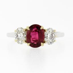 New 18k Gold GIA FINE Vivid Red Oval Ruby & Diamond Three Stone Engagement Ring