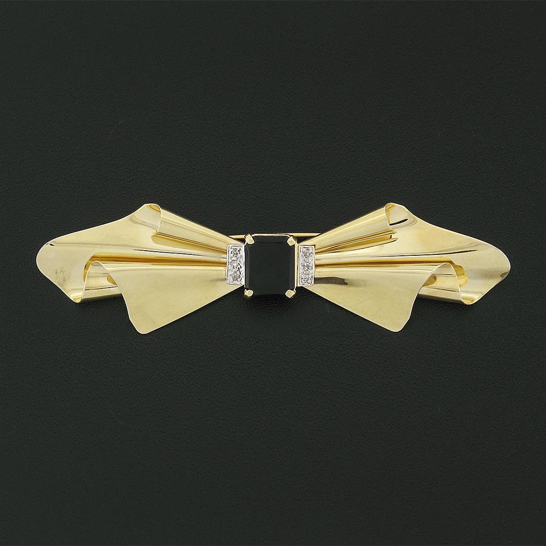 Vintage 14k Gold Black Onyx & Old Cut Diamond Long Freeform Ribbon Brooch Pin