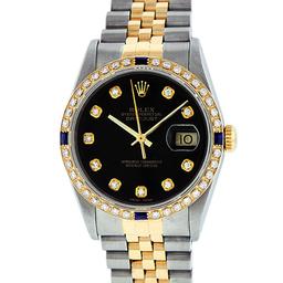 Rolex Mens Two Tone Black Diamond And Sapphire 36MM Datejust Wristwatch