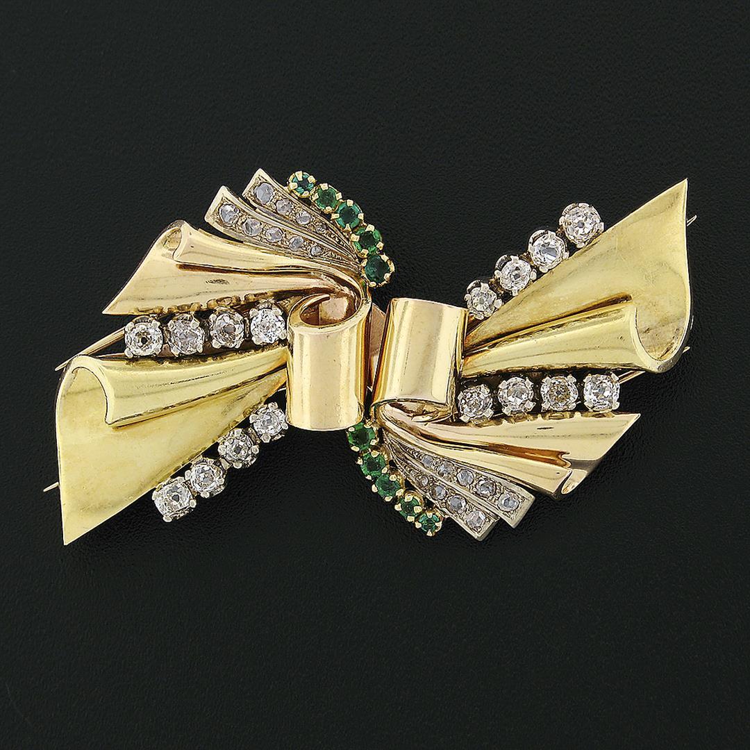 Antique 18k Gold 3.24 ctw Old Cut Diamond & Emerald Ribbon Dual Dress Clip Brooc