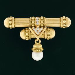 Vintage 18K Gold Diamond Matte Finish Dual Column Bar Brooch & Pearl Bead Dangle