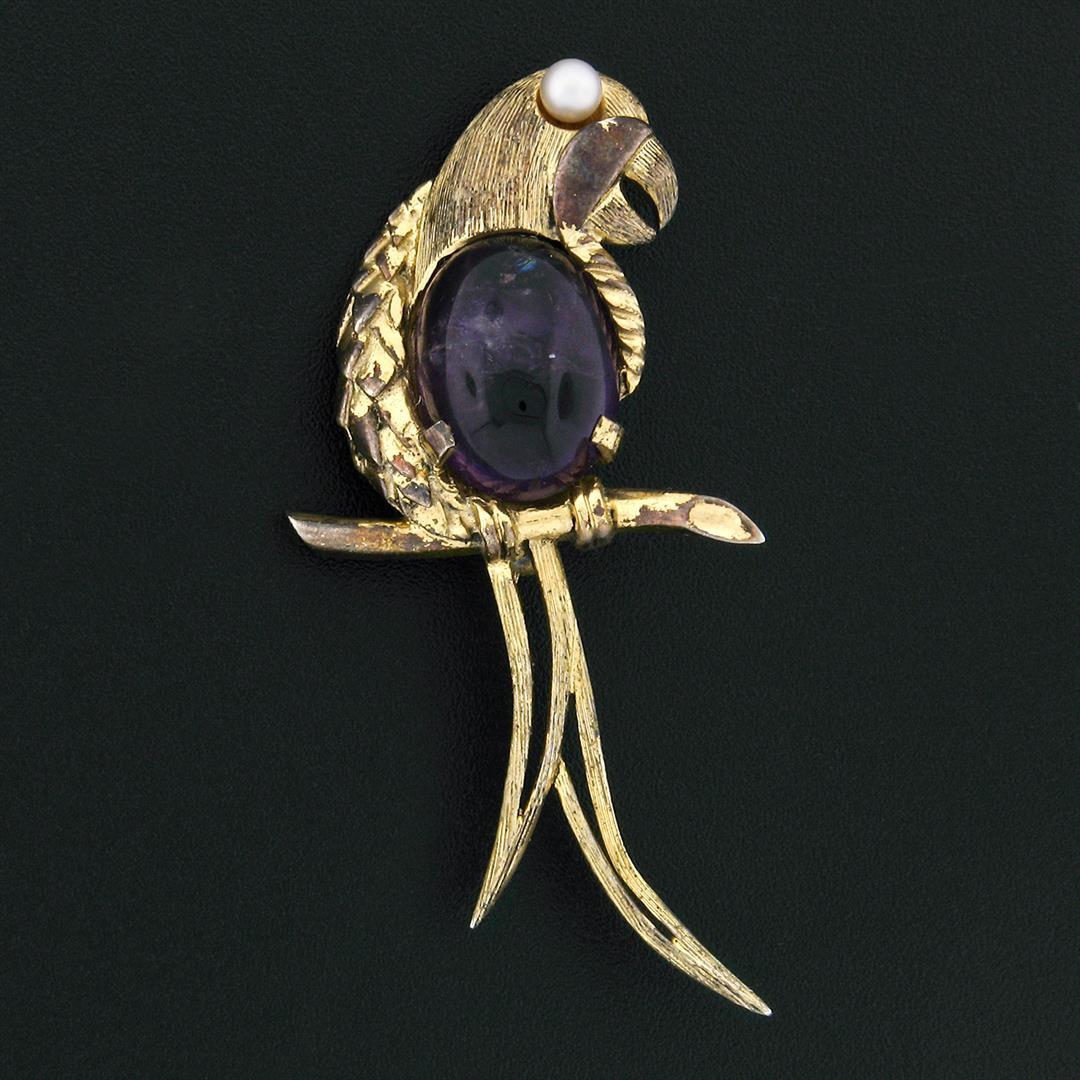 Antique German Vermeil Gold Over Silver Amethyst Textured Parrot Bird Brooch Pin