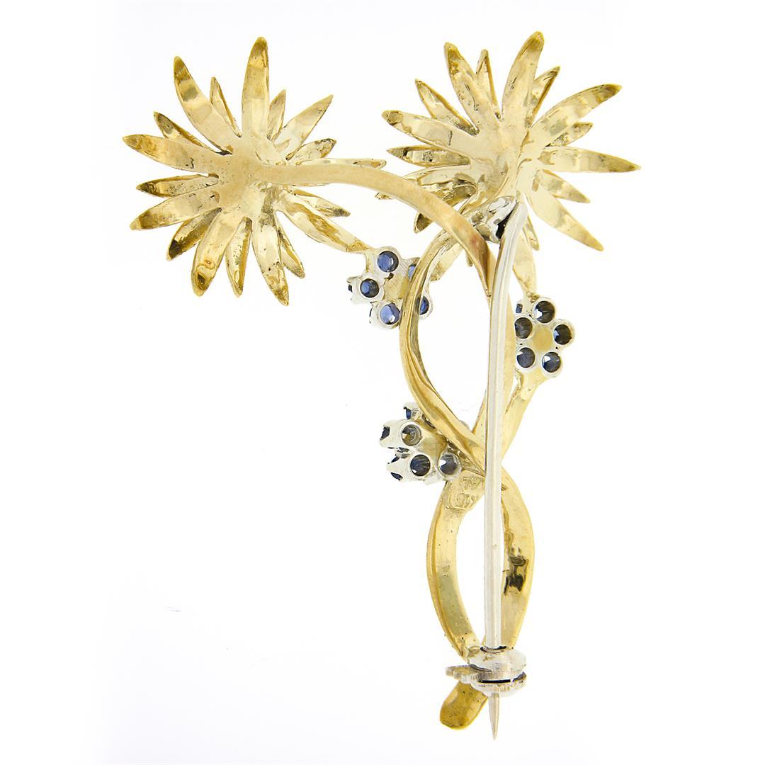 Vintage 18k Gold 0.30 ctw Sapphire Pearl Flower Burst Bundle Textured Brooch Pin