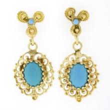 Vintage 14k Gold Oval Cabochon Blue Turquoise Open Textured Drop Dangle Earrings