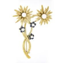 Vintage 18k Gold 0.30 ctw Sapphire Pearl Flower Burst Bundle Textured Brooch Pin