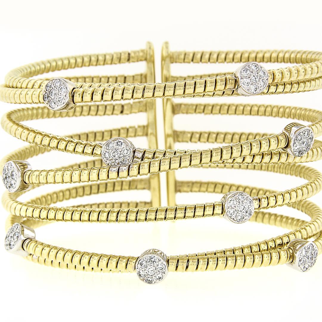 18k Solid Gold 1.52in. Wide Cable Crossover Pave Diamond Cuff Flexible Bracelet