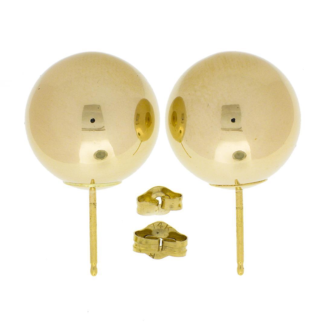 14k Yellow Gold Large Simple 14mm Polished Puffed Round Bead Ball Stud Earrings