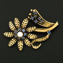 Vintage 14k Yellow Gold 1.20 ctw Sapphire & Pearl Detailed Flower Leaf Pin Brooc