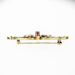 Vintage 14K Yellow Gold Round Blood Red Ruby Foliage Hand Etched Bar Pin Brooch