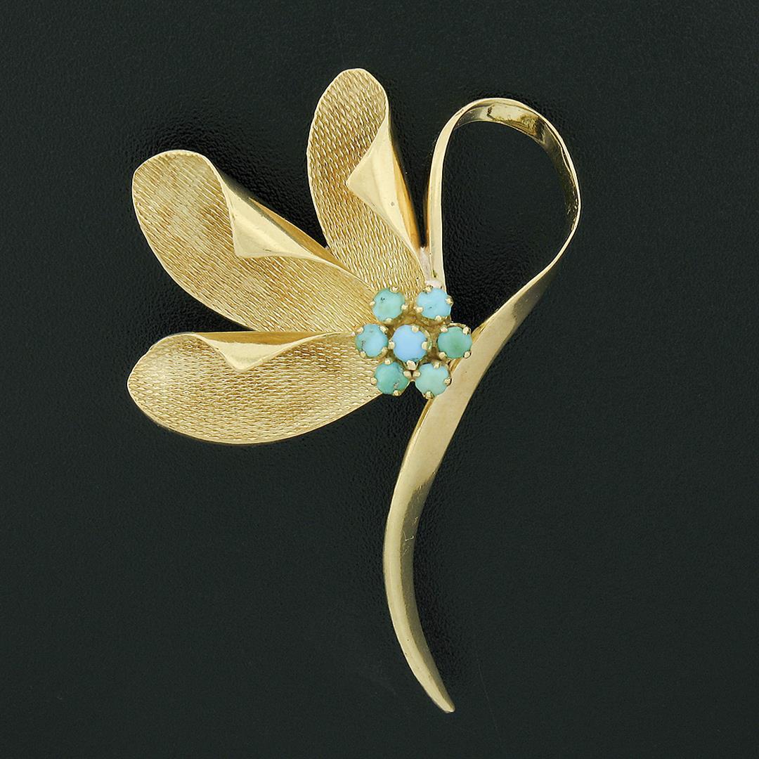Vintage Italian 18k Gold Cabochon Turquoise w/ Textured Petals Flower Brooch Pin