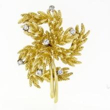 Vintage 18K Yellow Gold 0.65 ctw Diamond Detailed Textured Leaf Flower Brooch Pi