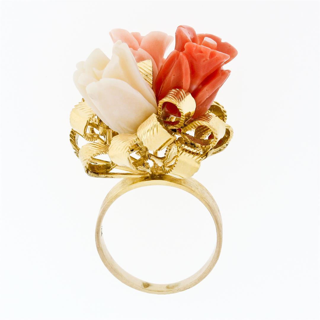 Vintage 14K Yellow Gold Carved Coral Rose Flower Bouquet Ribbon Cocktail Ring