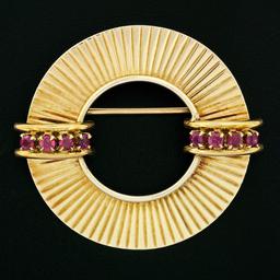 Retro Vintage 14k Yellow Gold 0.64 ctw Round Ruby Fluted Circle Wreath Brooch Pi