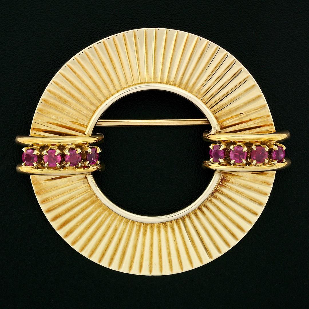 Retro Vintage 14k Yellow Gold 0.64 ctw Round Ruby Fluted Circle Wreath Brooch Pi