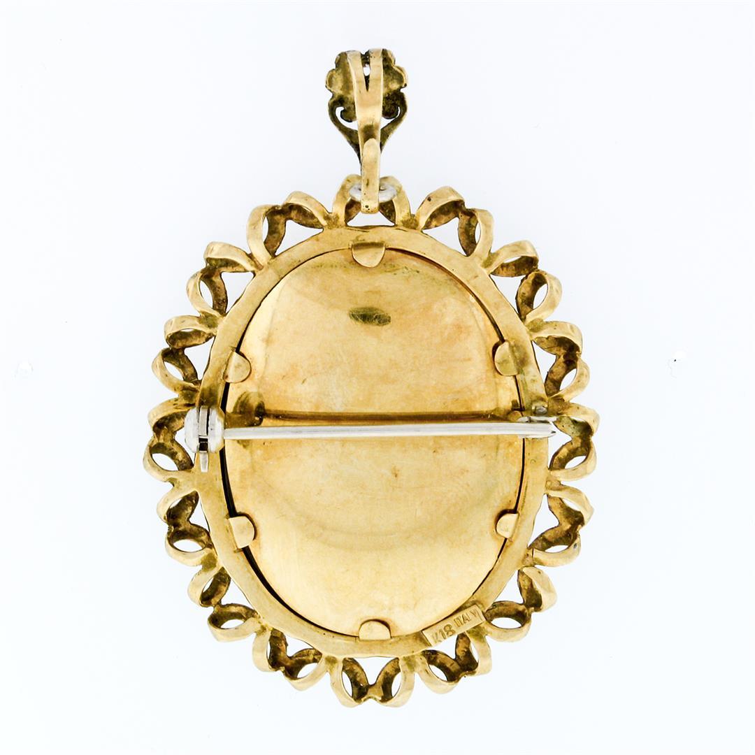 Vintage 18k Gold Large Detailed Hand Painted Open Textured Frame Brooch Pendant