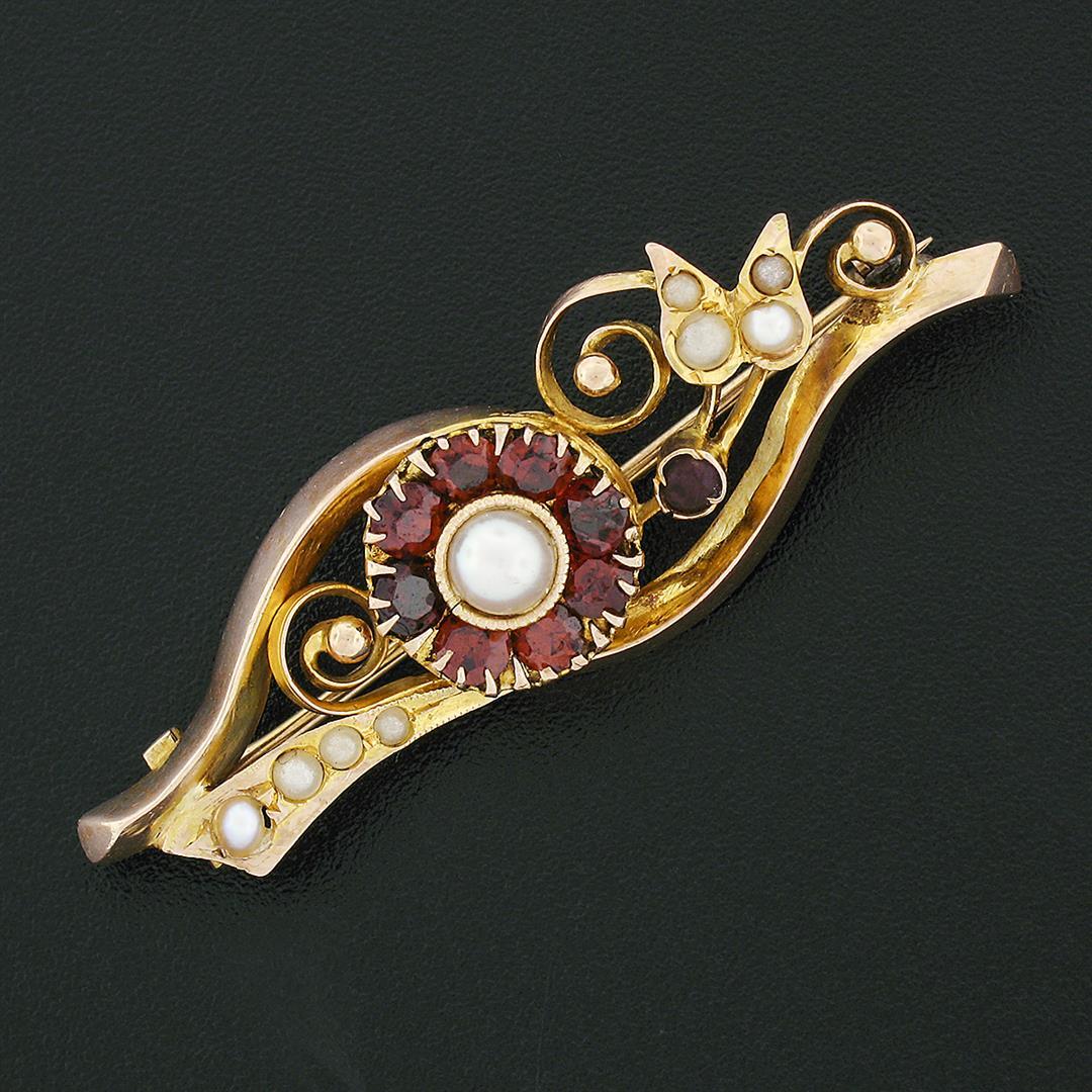 Vintage 14k Rosy Yellow Gold Victorian Revival Red Garnet Ruby Pearl Pin Brooch