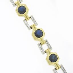 Vintage 18K & 14K TT Gold Round Bezel Sapphire & Baguette Diamond Link Bracelet