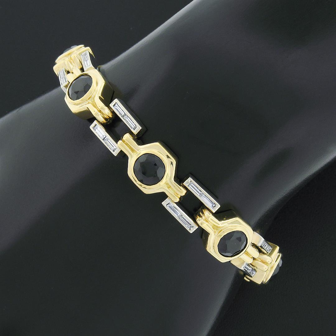 Vintage 18K & 14K TT Gold Round Bezel Sapphire & Baguette Diamond Link Bracelet