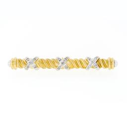 Estate 14k Gold Single Cut Diamond "X" Figure Satin Twisted Cable Bar Pin Brooch