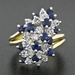Vintage 18K Gold 2.20 ctw Royal Blue Sapphire Diamond Tiered Cocktail Cluster Ri