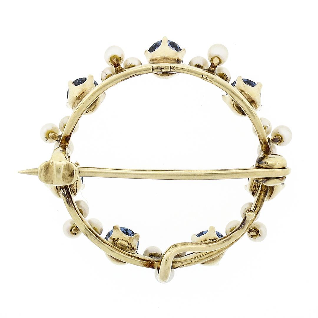 Antique Art Nouveau 14k Gold GIA Montana Sapphire & Pearl Wreath Enhancer Brooch