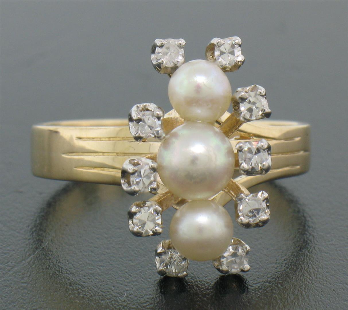 Vintage 14k Yellow Gold Pearl Diamond Accents Halo Elongated Dinner Ring Sz 7.5