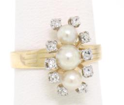 Vintage 14k Yellow Gold Pearl Diamond Accents Halo Elongated Dinner Ring Sz 7.5