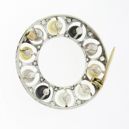 Antique Belle Epoque Platinum Multi Color Pearl Diamond Wreath Circle Pin Brooch