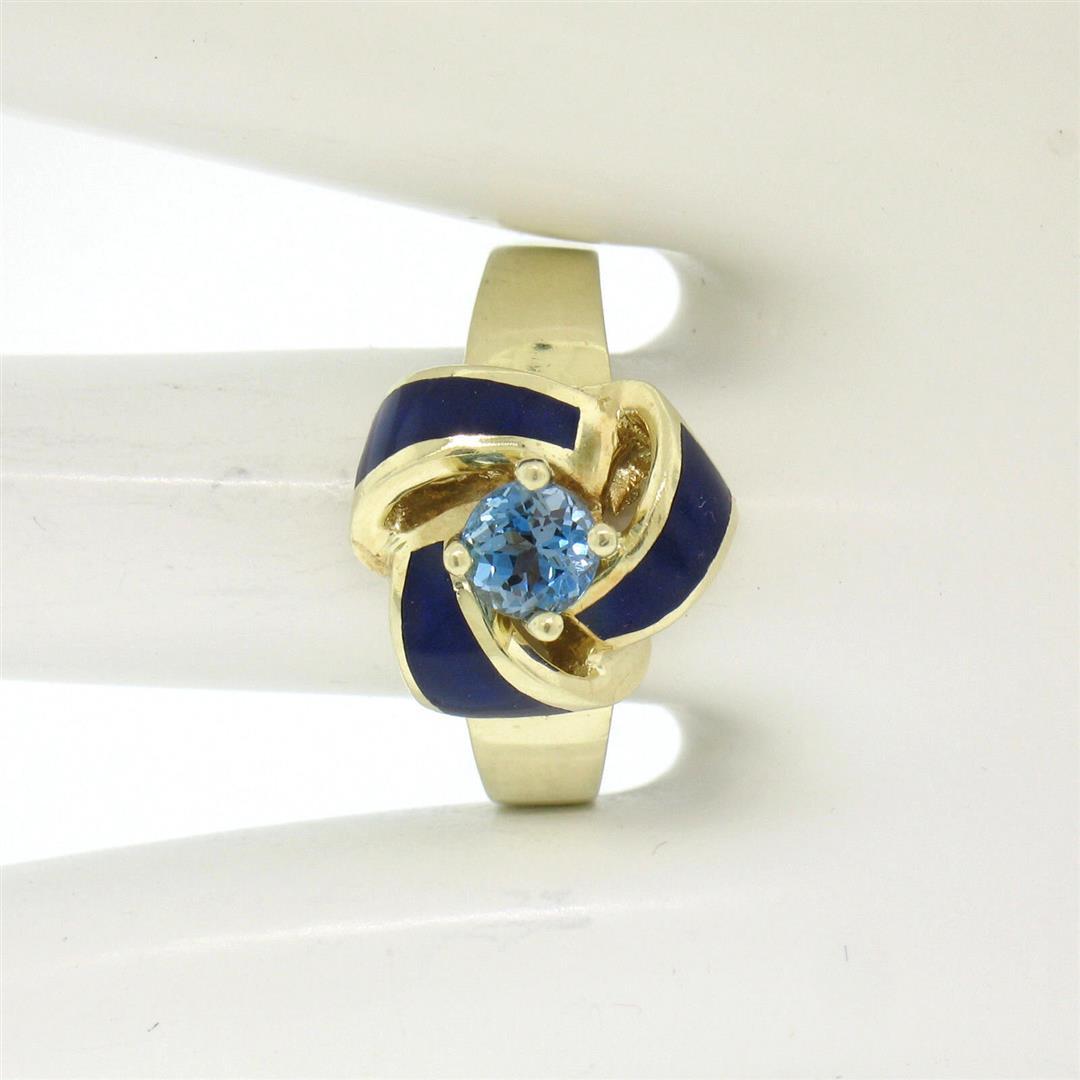 Vintage 14K Yellow Gold FINE Aquamarine & Blue Enamel Trinity Knot Cocktail Ring