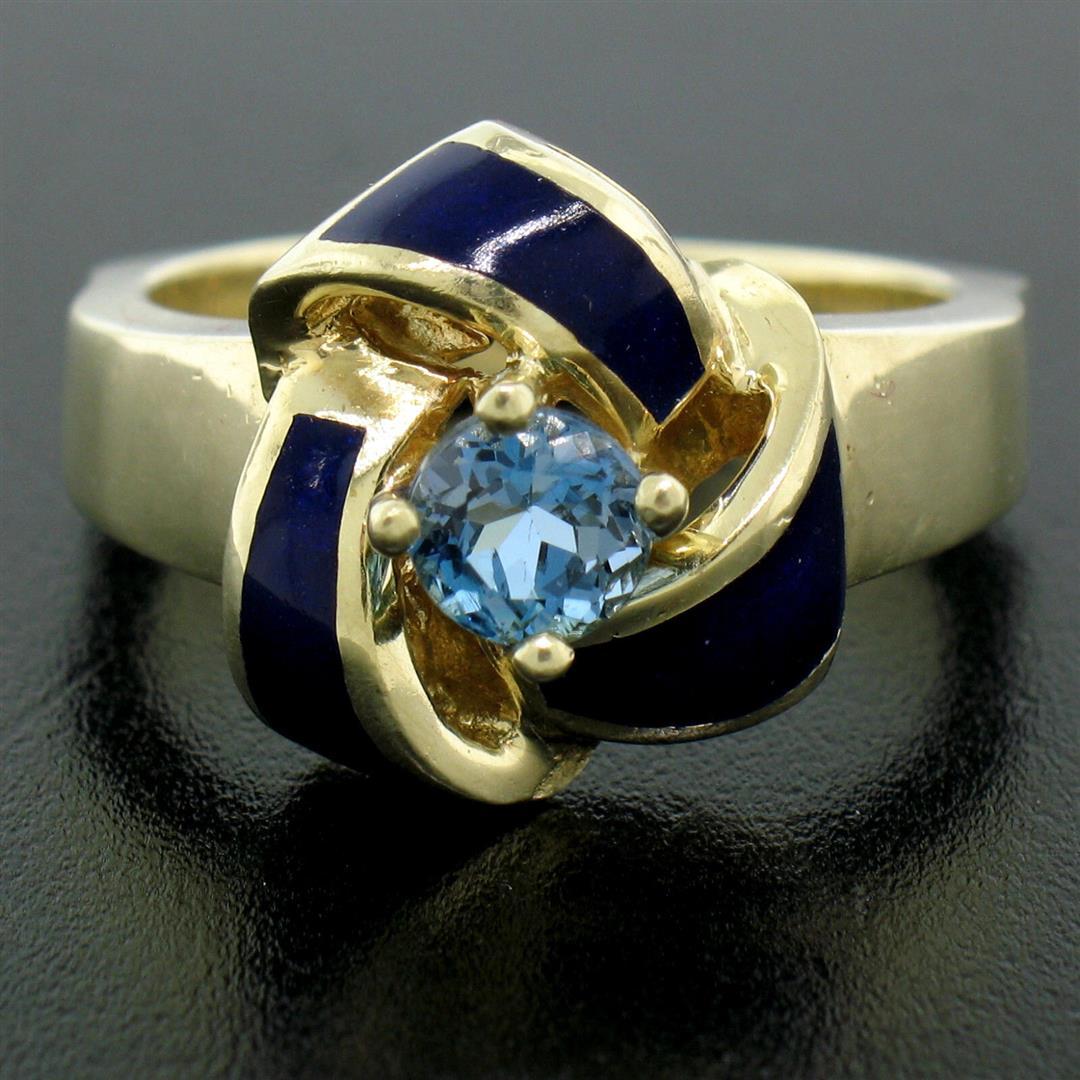 Vintage 14K Yellow Gold FINE Aquamarine & Blue Enamel Trinity Knot Cocktail Ring