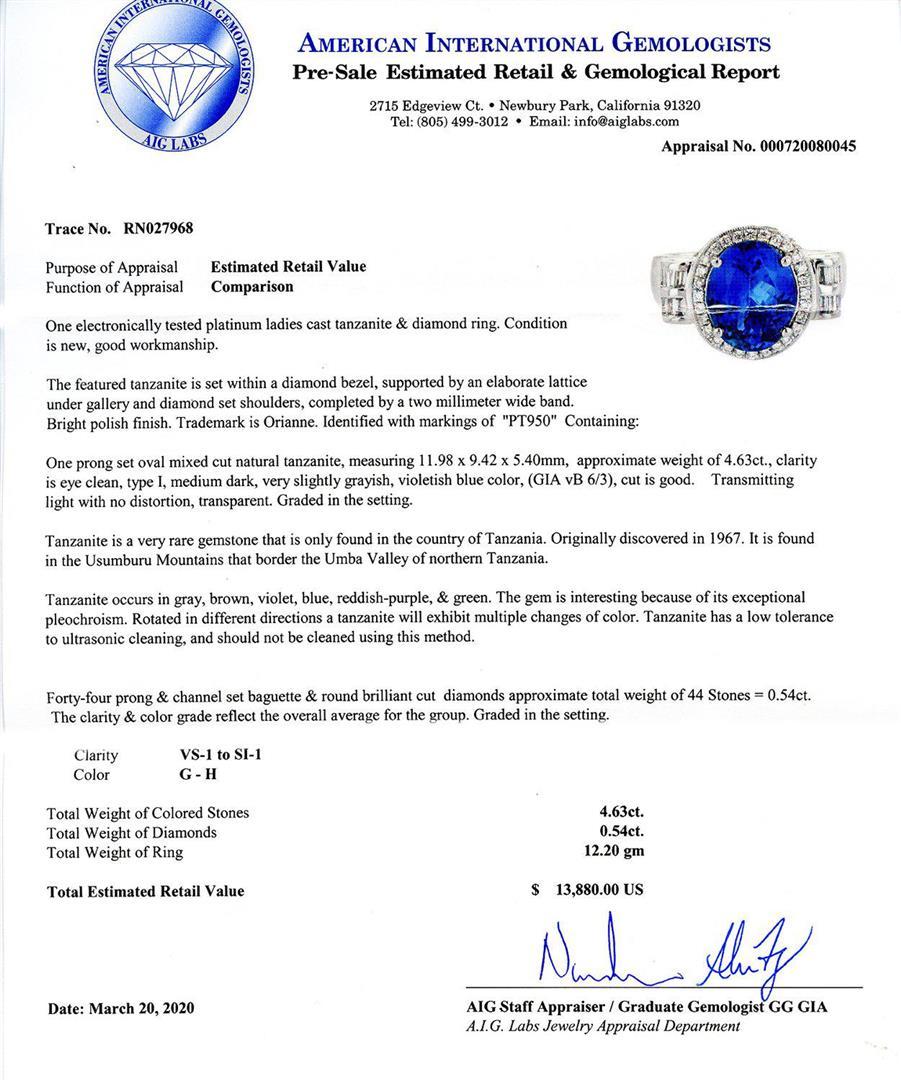 4.63 ctw Tanzanite and 0.54 ctw Diamond Platinum Ring