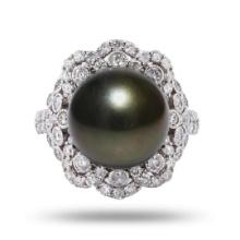 13mm Tahitian Pearl and 1.15 ctw Diamond 18K White Gold Ring
