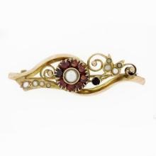 Vintage 14k Rosy Yellow Gold Victorian Revival Red Garnet Ruby Pearl Pin Brooch