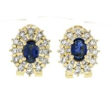 Estate 18k Yellow Gold 2.70 ctw Oval Sapphire Diamond Double Tiered Halo Earring