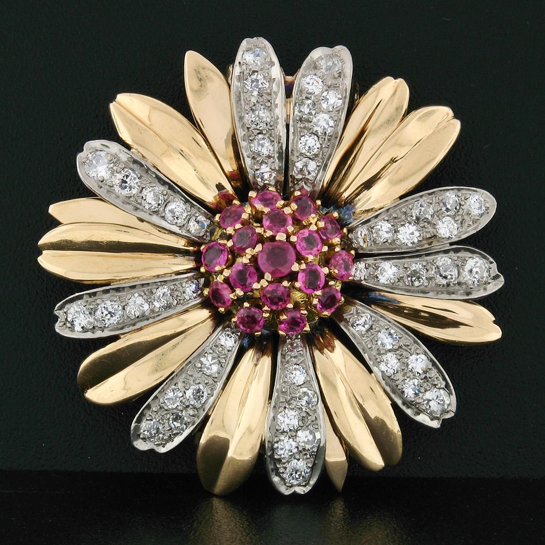 Vintage 14k Two Tone Gold Ruby Cluster & Diamond Layered Daisy Flower Brooch Pin