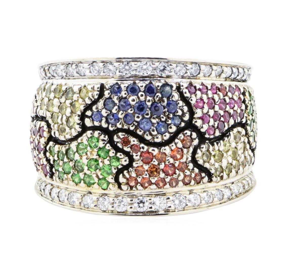 1.64 ctw Multi-colored Gemstone and Diamond Wide Band - 18KT Yellow And White Go