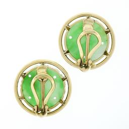 Vintage 14K Gold Carved Jade Large Round Multi Prong Set Button Clip On Earrings