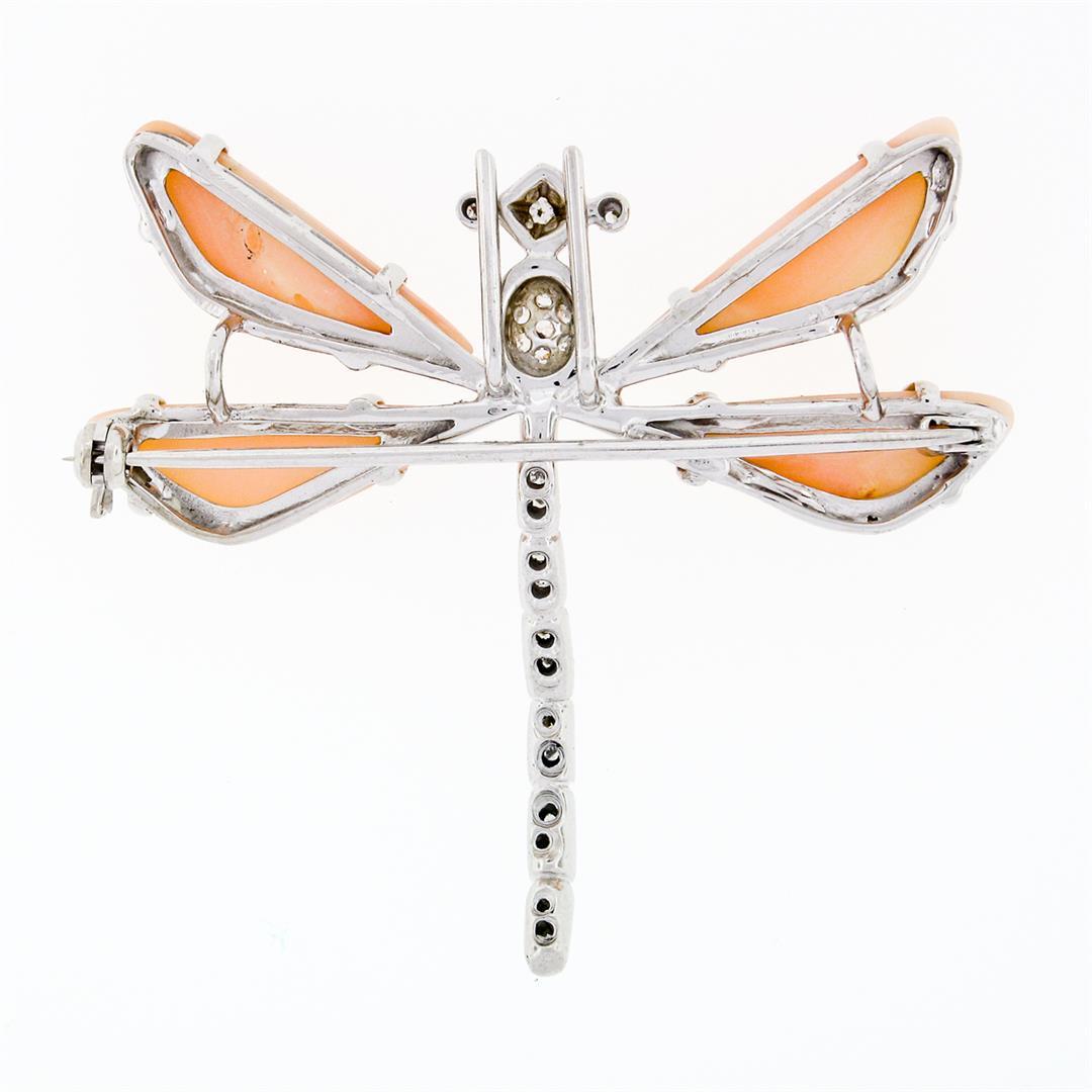 Vintage 18K White Gold Custom Cut Coral & 0.25 ctw Diamond Dragonfly Pin Brooch