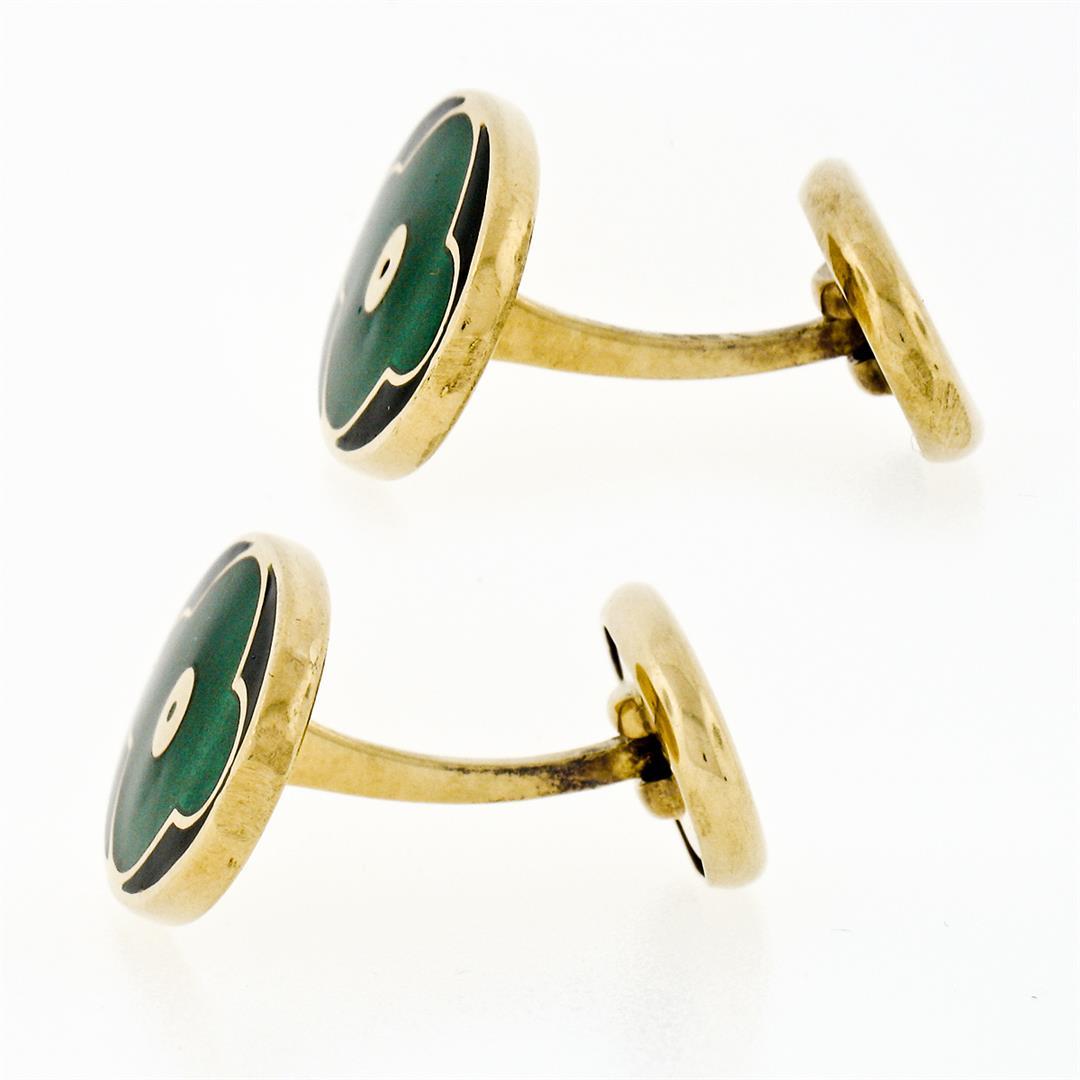 Vintage Mens 18k Yellow Gold Oval Shaped Green Black Guilloche Enamel Cuff Links