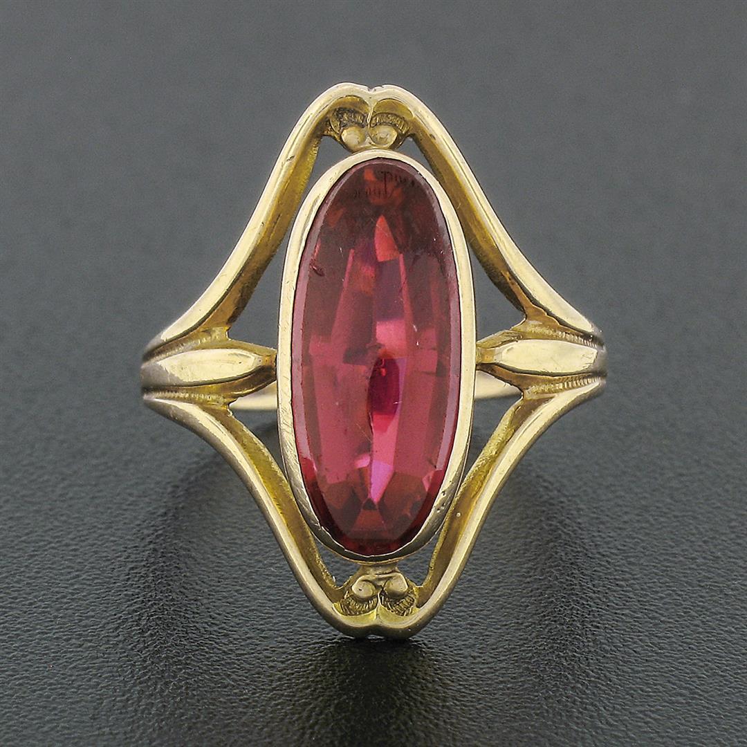 Antique Victorian 10k Yellow Gold Elongated Oval Buff Top Red Stone Open Ring
